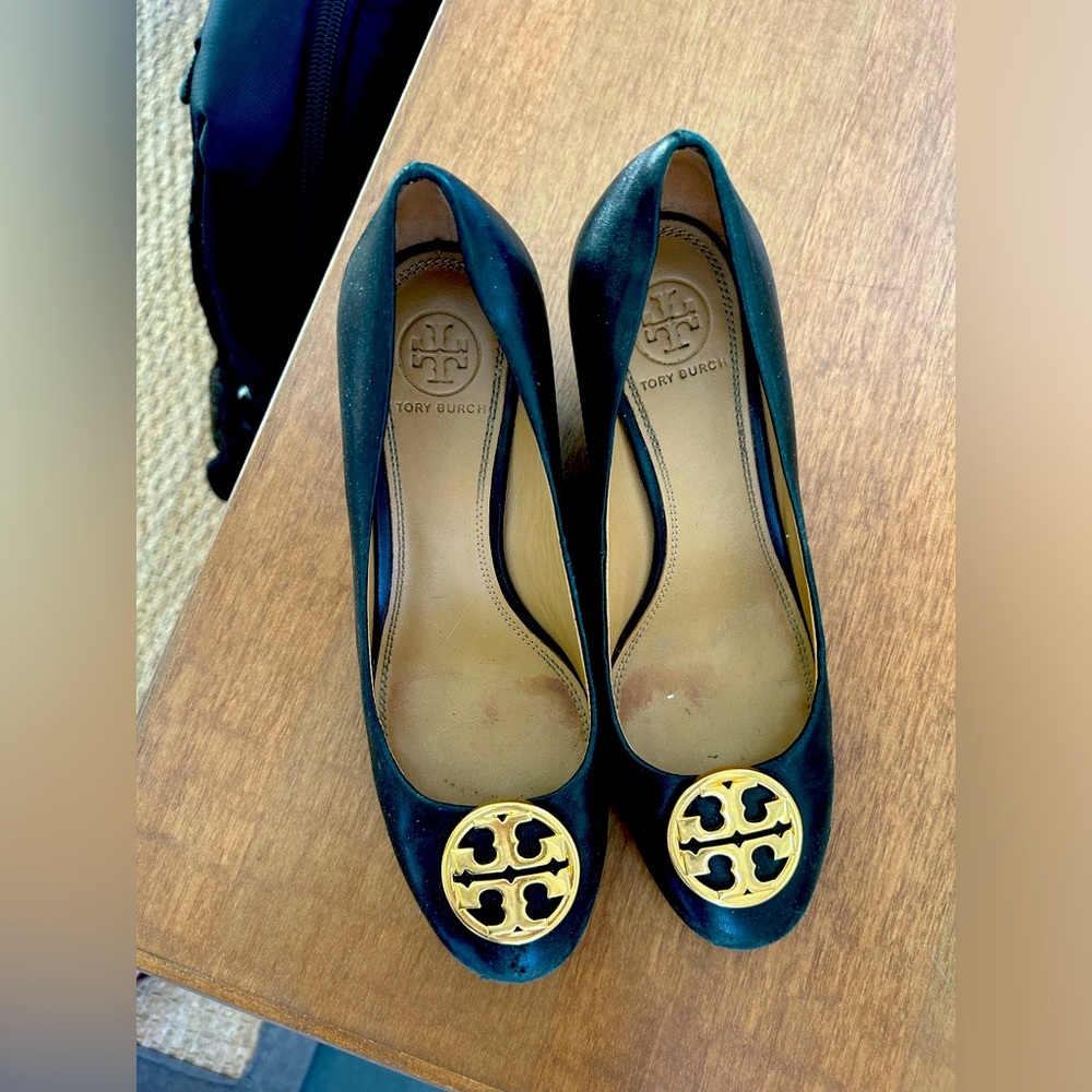 Tory Burch Black Low Wedge Pumps with Gold Emblem size 6.5